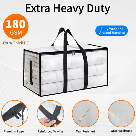 8 Pack Extra Large Heavy Duty Moving Bags Waterproof Storage Totes With Handles And Zippers Foldable For College Dorm And Home Organization 95L 25Gal Clear showcasing premium zipper and reinforced sewing.