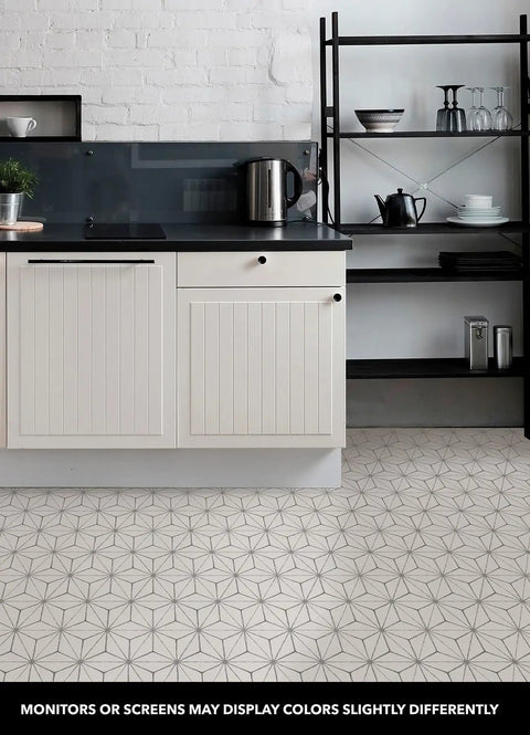 Kikko Peel And Stick Floor Tiles Pack Of 10 White And Off White Geometric Pattern 12 By 12 Inch Vinyl Tiles in kitchen setting