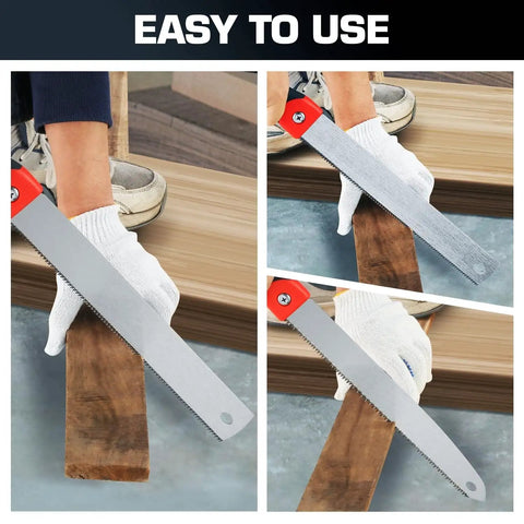 Multi Blade Hand Saw Set With Quick Change Clamp cutting wood, showing tool usage with durable handle and easy install knob