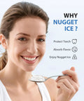 Smiling woman holding nugget ice, highlighting benefits of Dope Nugget Ice Maker 40 Lbs Per Day Countertop Ice Machine.