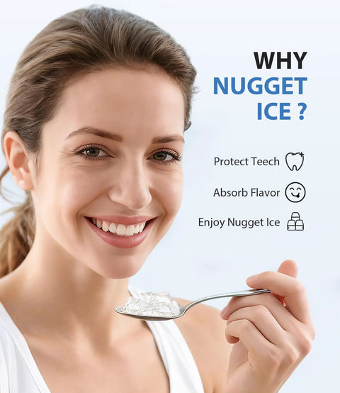 Smiling woman holding nugget ice, highlighting benefits of Dope Nugget Ice Maker 40 Lbs Per Day Countertop Ice Machine.