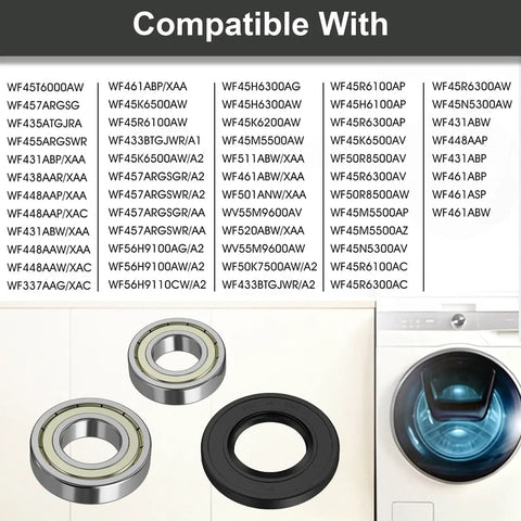 Heavy Duty Front Load Washer Bearing And Seal Kit Quiets Loud Grinding with two bearings and one rubber seal.