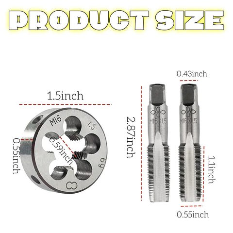 M16 X 1.5 and M14 X 1.5 Tap and Die Set for Metric Threads Right Hand, showing dimensions of tap and die components.