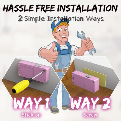 Installation guide for Zero Hassle Smart Cabinet Locks For Baby Proofing featuring stick-on and screw methods.