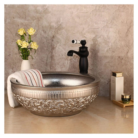 USZWBY Bathroom Vessel Sink Silver Bathroom Bowl Ceramic Vessel Sink Basin ?Hand Painting ?Art Basin Round Bowl on vanity
