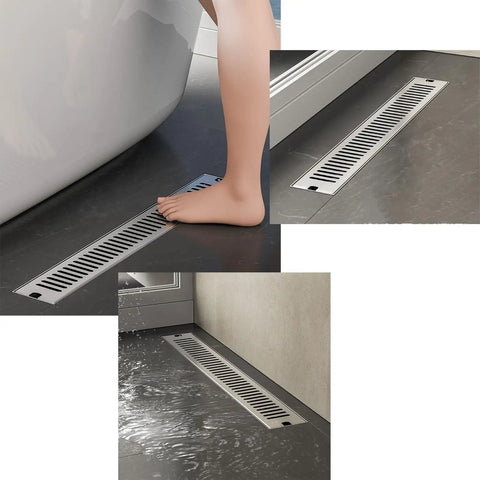 Linear Shower Drain With Hair Catcher, Heavy Gauge Stainless Steel Rectangular Design For Bathroom Floor, foot near drain in use.