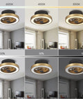 Enclosed Low Profile Ceiling Fan With Light In Modern Gold 3 Color Dimming LED Lights 6 Speed Indoor Ceiling Fan For Bedroom And Living Room Quiet Energy Efficient Includes 2H Smart Timer displayed in multiple light settings.