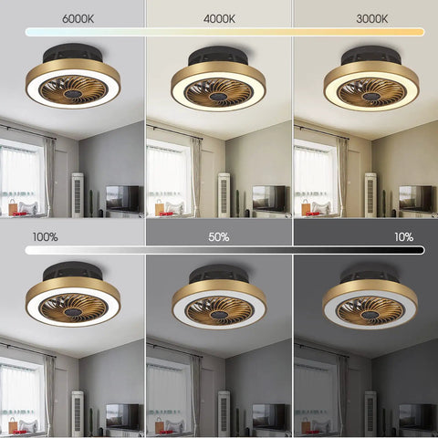 Enclosed Low Profile Ceiling Fan With Light In Modern Gold 3 Color Dimming LED Lights 6 Speed Indoor Ceiling Fan For Bedroom And Living Room Quiet Energy Efficient Includes 2H Smart Timer displayed in multiple light settings.