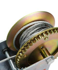Close-up of the 600 Lb Hand Winch With 26.3 Ft Steel Cable, Two Way Adjustable Manual Crank Winch for Boats, ATVs in gear mechanism view.