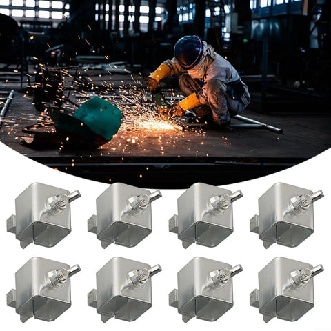 Precision 8 Piece Butt Welding Clamps Set, adjustable galvanized steel clamps for securing edges in a welding workshop.
