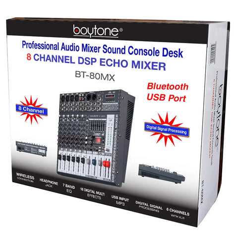 Box of 8 Channel Bluetooth DJ Mixer With USB MP3 Port 48V Phantom Power 16 Bit FX Sound Board BT-80MX