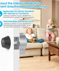 Round Deadbolt Lockout Device No Drill Install Protect Keyhole Toddler Proof Deadbolt Cover for Doors shown installed on interior door, matte silver finish, reinforcing door security.