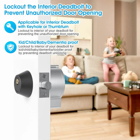 Round Deadbolt Lockout Device No Drill Install Protect Keyhole Toddler Proof Deadbolt Cover for Doors shown installed on interior door, matte silver finish, reinforcing door security.