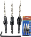 Number Eight Wood Countersink Drill Bit Pro Grade Three Piece Kit With Adjustable Depth Guide Tapered Cutters with hex wrench.