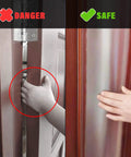 Image showing danger of pinching fingers in a door compared to a safe use of Totally Pinch Proof Door Guard And Protector Set For Kids.