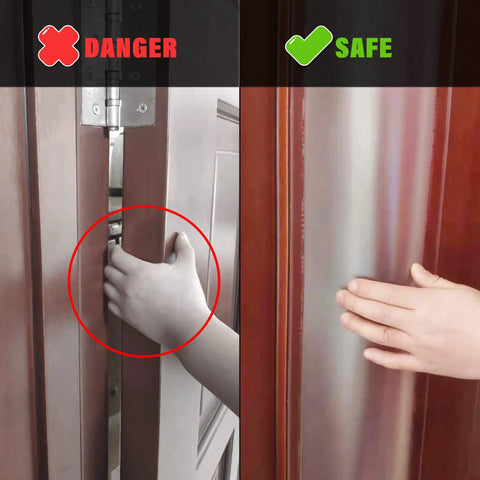 Image showing danger of pinching fingers in a door compared to a safe use of Totally Pinch Proof Door Guard And Protector Set For Kids.