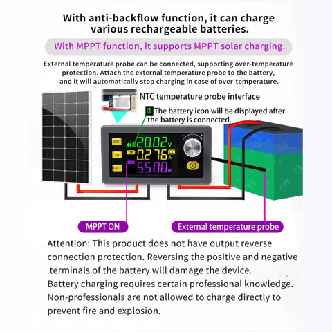 120W Buck Boost Power Converter With Color LCD Display 6 To 36V Input 0 To 36V Output 6A Max Regulated DC Power Supply shown with solar panel and features