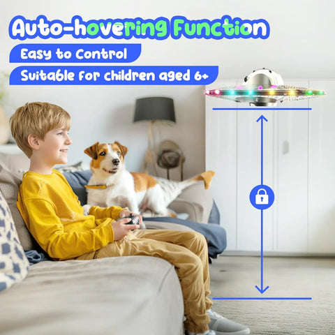 Child playing with UFO Drone For Kids With Colorful LED Lights, Remote Control Helicopter With Auto Hover in a living room