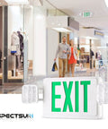 Two Pack LED Exit Sign With Emergency Lights Battery Backup UL Listed 120 277V in mall hallway