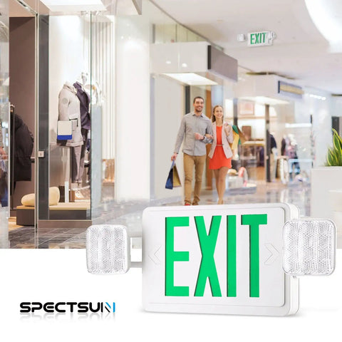 Two Pack LED Exit Sign With Emergency Lights Battery Backup UL Listed 120 277V in mall hallway