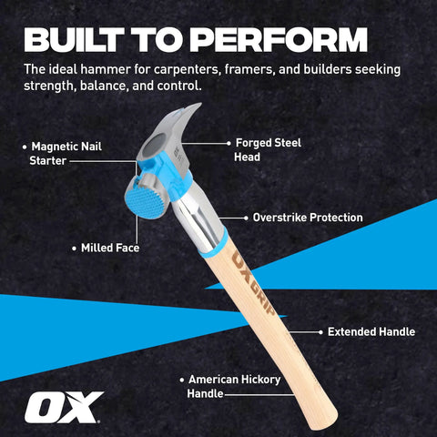 Framing Hammer 22 Oz With Milled Face And Curved Hickory Wood Handle, Steel Overstrike Protection, Pro Grade Carpenter Tool