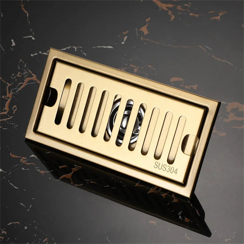 Heavy Duty Gold Linear Shower Drain With Brick Pattern Grate And Built In Hair Catcher For Bathrooms, SUS304 material