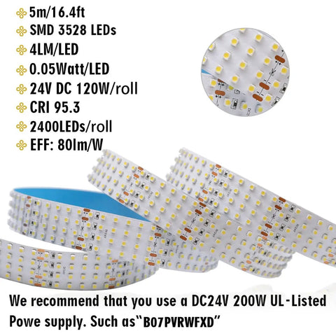 Close-up of Quad Row 24V LED Strip Lights 3528 SMD High CRI 95 Crazy Bright Flexible Tape Lighting showing LED details