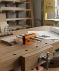 Vertical Hole Opener Dowel Jig Drill Guide Clamp Alloy Body Extended Model on a woodwork table with tools.