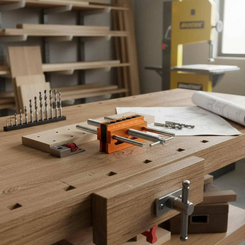 Vertical Hole Opener Dowel Jig Drill Guide Clamp Alloy Body Extended Model on a woodwork table with tools.