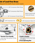 Diagram of Three Eighths Inch Brass Compression Angle Stop Valve with Tee Connector showcasing features like lead-free brass and chrome finish.