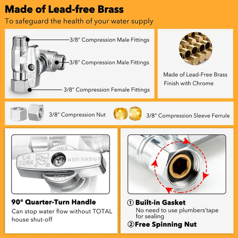 Diagram of Three Eighths Inch Brass Compression Angle Stop Valve with Tee Connector showcasing features like lead-free brass and chrome finish.