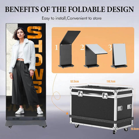 No Hassle Plug And Play 80 Inch Vertical Led Display with foldable design alongside transport case for easy moves.