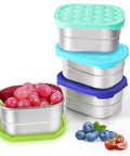 4-Pack 8oz Stainless Steel Snack Containers For Kids With Leak-Proof Silicone Lids, stacked with fruits, daycare lunch use.
