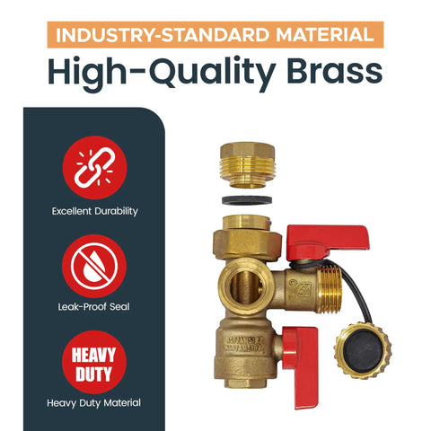 Three Quarter Inch Tankless Water Heater Flush Kit With Isolation Valves And Pressure Relief Valve, brass material, side view