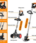 Cordless 3 In 1 Electric Weed Wacker With 21V Battery No String Trimmer showing safety button and telescopic pole features.