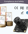 720P USB 2 0 UVC Camera With 120 Degree DFOV For Raspberry Pi Jetson Nano And Embedded Boards No Fuss Plug And Play Webcam displayed with compliance certificates and safety logos.