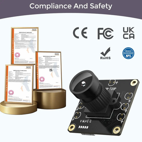 720P USB 2 0 UVC Camera With 120 Degree DFOV For Raspberry Pi Jetson Nano And Embedded Boards No Fuss Plug And Play Webcam displayed with compliance certificates and safety logos.
