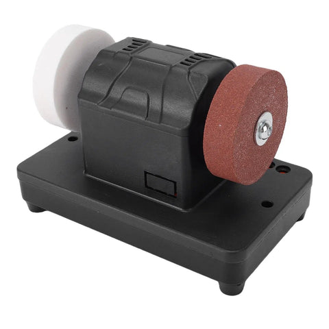Compact Cordless Mini Bench Grinder Equipped With Twin Heavy Duty Wheels And Seamless 2000 To 6000 RPM Adjustments For Badass Metal Sharpening And Fine Polishing On The Fly, showcasing dual grinding wheels.