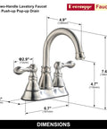 Dimensions of two handles brushed nickel bathroom faucet with overflow pop up drain for 3 hole sinks, 360 degree swivel spout
