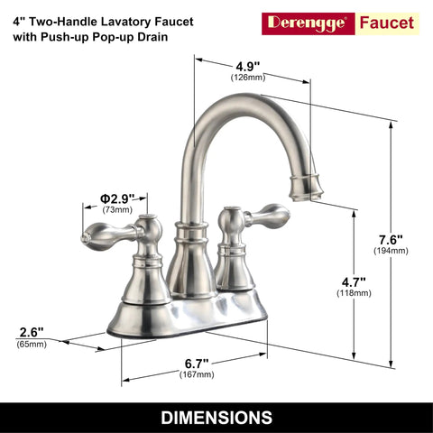 Dimensions of two handles brushed nickel bathroom faucet with overflow pop up drain for 3 hole sinks, 360 degree swivel spout