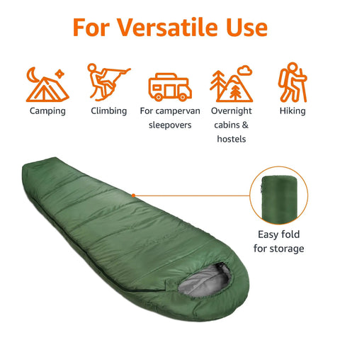 Cold Weather Mummy Sleeping Bag For Hiking And Camping With No Snag Zipper 20 Degree Temperature Rating Portable 82 Inches By 33 Inches