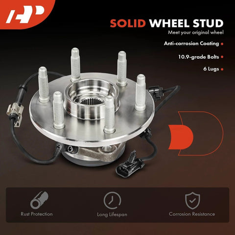 Front Wheel Bearing And Hub Assembly Set For 6 Lug Trucks Compatible With 1999 To 2007 Silverado 1500 Suburban Tahoe Yukon Escalade 4x4 AWD Chevy GMC Cadillac 2 Pack showing bolt studs and wiring, rust protection.