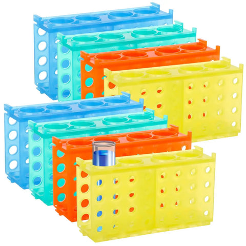 Colorful eight piece interlocking test tube racks for 0.5ml to 50ml tubes, four way connectable plastic stands.