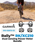 Cyclist using Rally RK210 And XC210 Dual Sensing Power Meter Pedals on dirt path with product image below.