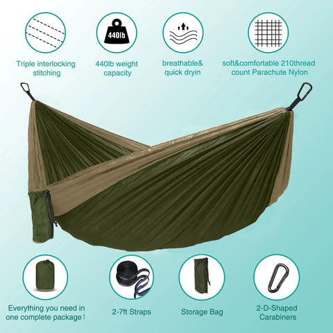 Portable Campin Hammock For Single Or Double Use, 210D Nylon Swing With Tree Straps shown with carabiners and storage bag
