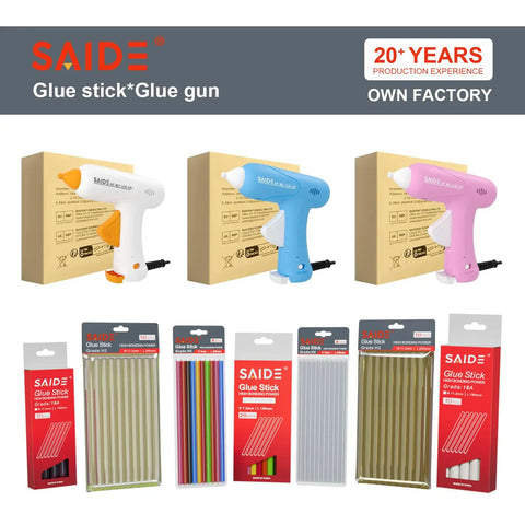 Fast Heating Mini Hot Glue Gun Kit With Anti Scald Nozzle, different colors, includes glue sticks, packaging details visible