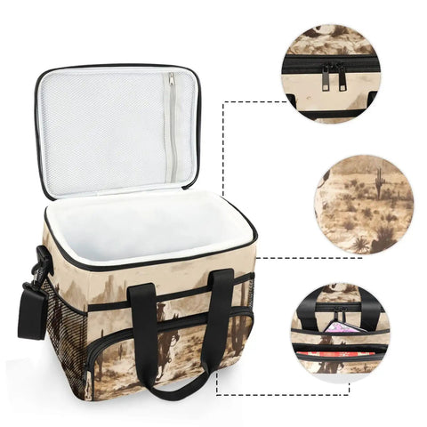 Desert Cowboy Style Insulated Lunch Bag With Comfortable Shoulder Strap 15L Reusable Cooler Box with open lid and side pockets