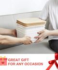 Small Plastic Storage Bins With Bamboo Lids, Stackable Pantry Boxes, 6 Pack, Cream White, being handed over as a gift