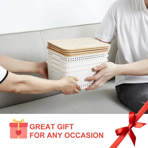 Small Plastic Storage Bins With Bamboo Lids, Stackable Pantry Boxes, 6 Pack, Cream White, being handed over as a gift