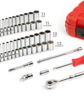 Pro-Grade 1/4 Inch Drive 12-Point Socket And Ratchet Set 55-Piece Kit with red case, standard, deep, and metric sockets.
